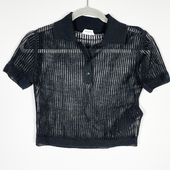 Saint Laurent Linen Silk Semi Sheer Ribbed Short Sleeve Cropped Polo Shirt Black - Picture 1 of 4